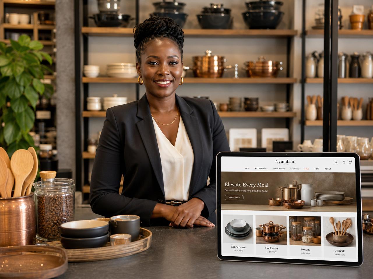 Kenyan kitchenware shop owner holding a tablet showing her ecommerce landing page with ordered kitchen items